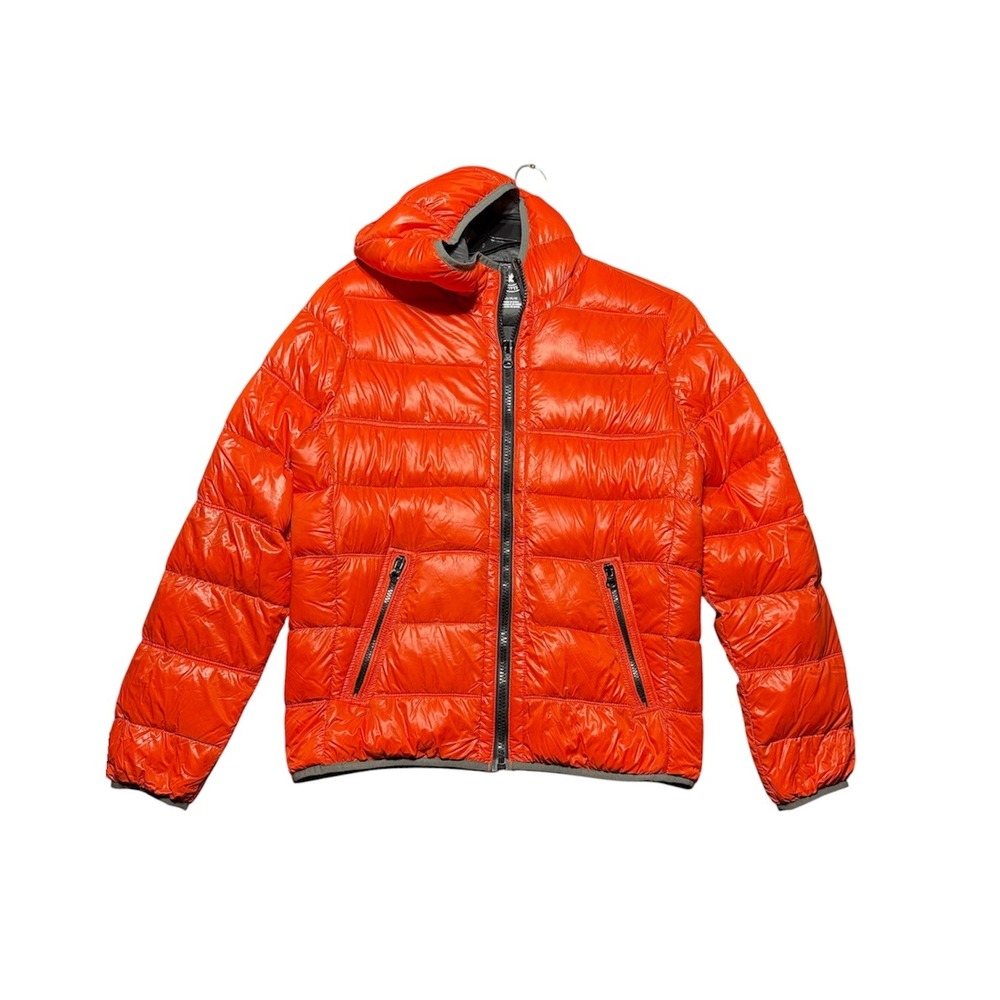 American Eagle Puffer Jacket Mens Medium Orange Hooded Down Fill Quilted